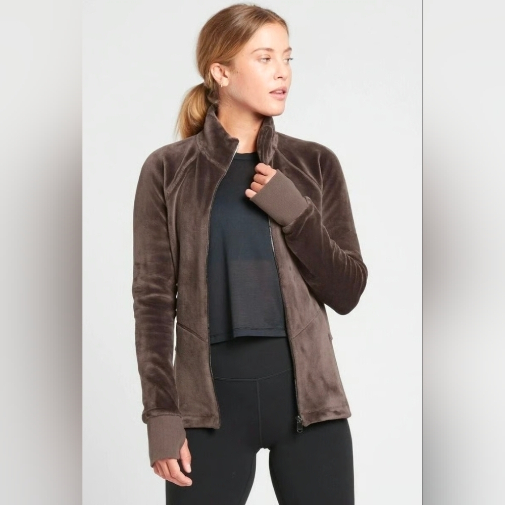 Athleta Cloud Fleece Full Zip Jacket In Brown Womens Size Large